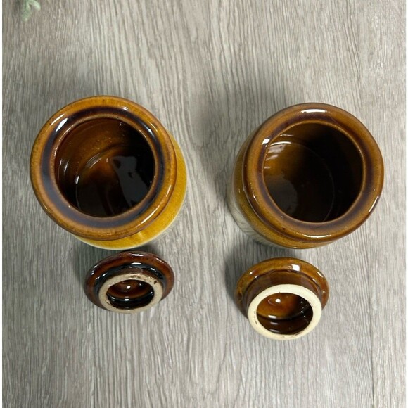 Set Of 2 Vintage Miniature Crock Jars 3” Christmas Winter Scene & Plain Brown - Picture 8 of 10